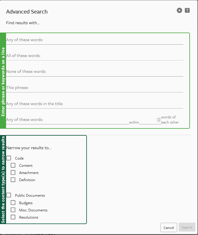 eCode360 screen showing Advanced Search filters